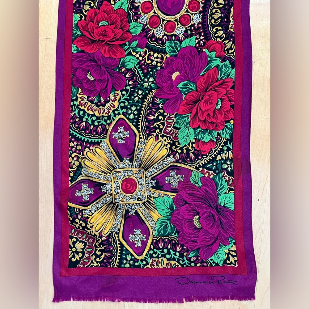 🌺Vibrant Sheer Silk Pink Floral Scarf by Oscar de la Renta | 51”x10.5” - Picture 11 of 17